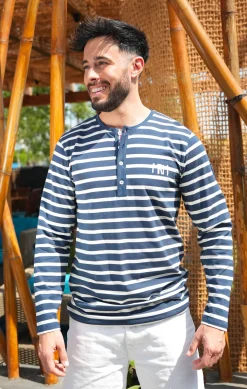Homme LITTLE MARCEL Tee-shirt col tunisien Homme Mister Marcel TUNIS MARINE ECRU