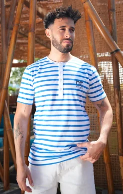 Homme LITTLE MARCEL Tee-shirt col tunisien Homme Mister Marcel TYRADE BLANC BLEU