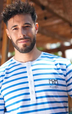 Homme LITTLE MARCEL Tee-shirt col tunisien Homme Mister Marcel TYRADE BLANC BLEU