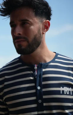 Homme LITTLE MARCEL Tee-shirt col tunisien Homme Mister Marcel TUNIS MARINE ECRU